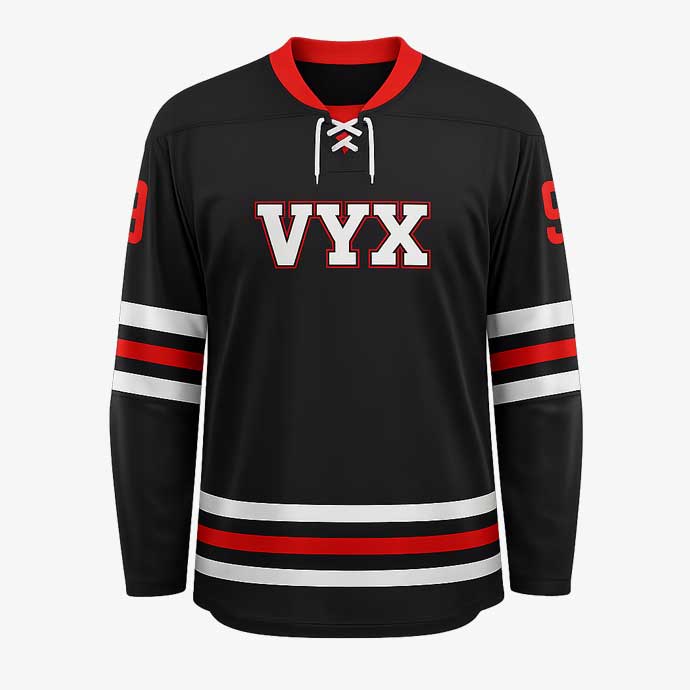 FrostStrike Black Red Ice Hockey Jersey front view.jpg