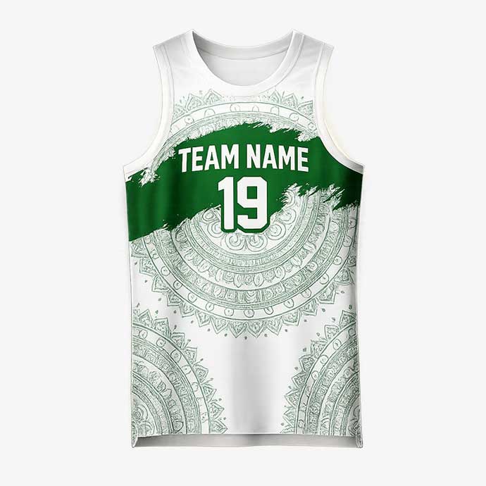 Nova White Green basketball jersey front view patterned design