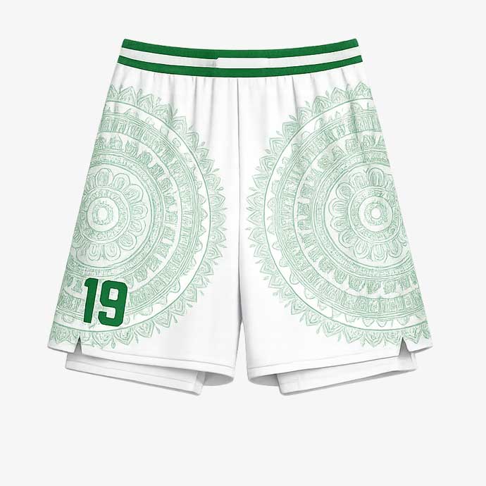 Nova White Green patterned basketball shorts front view