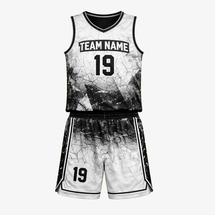 Strike Black White basketball uniform set graphic design front view