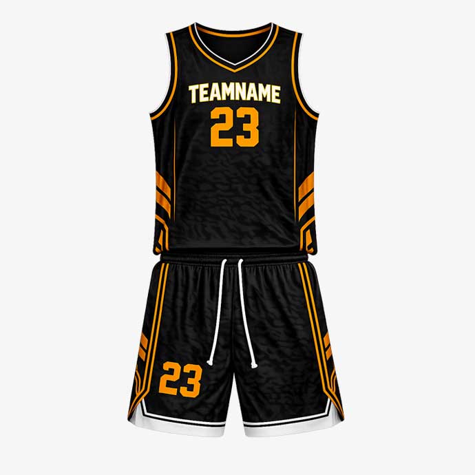 Blaze Black Orange basketball uniform set front view custom teamwear