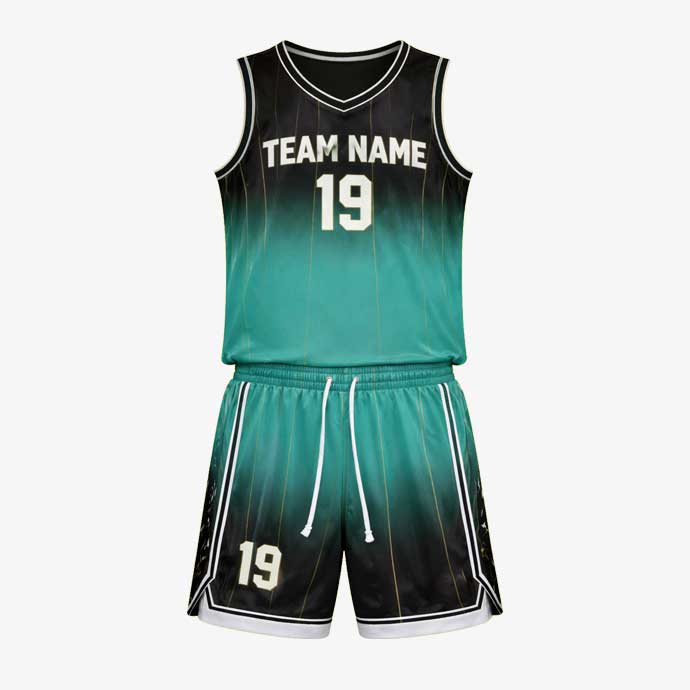 Fusion Teal Black gradient basketball uniform set front view