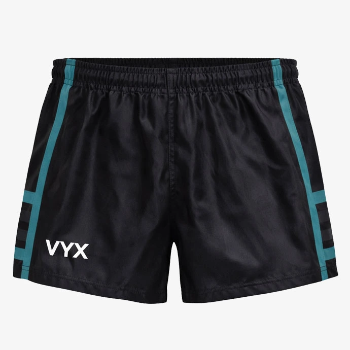 BattleCore black turquoise rugby shorts front view