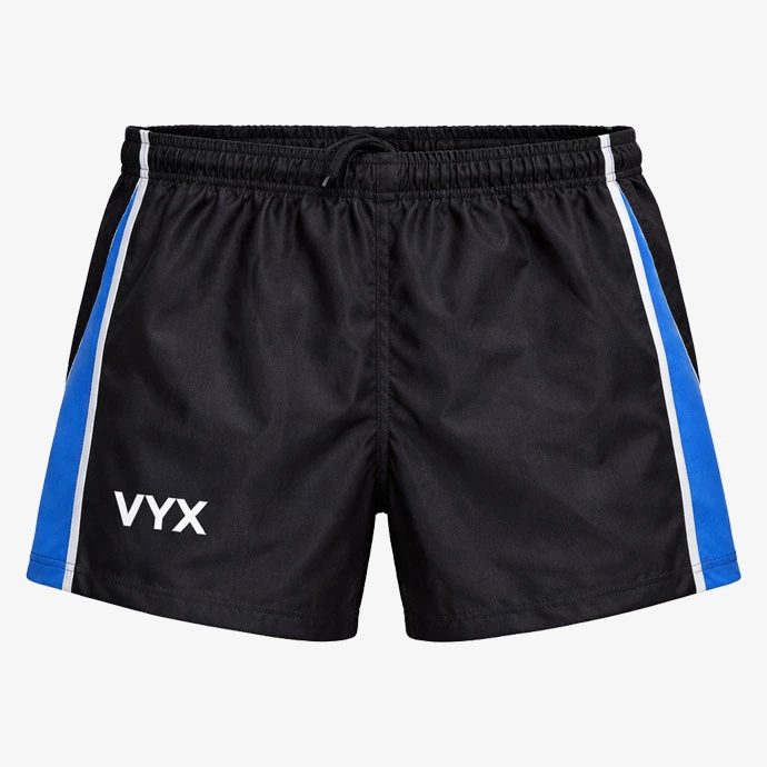 Frontline black blue rugby shorts front view