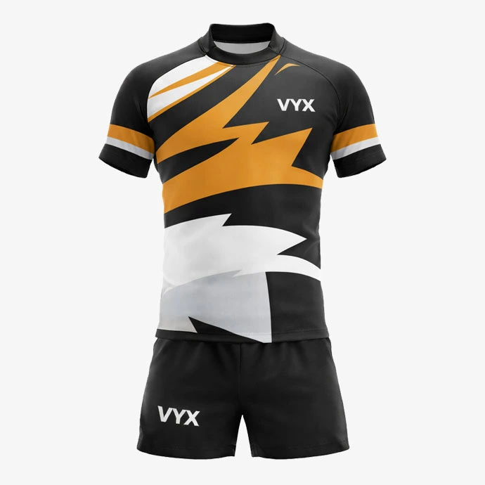 Rampage black gold white rugby uniform set front view