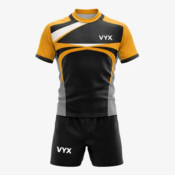 Dominor black gold rugby uniform set front view