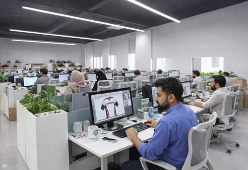 Private label sportswear manufacturing team working on custom apparel design and product development