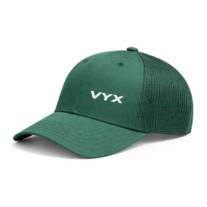 VYX forest green trucker performance cap 3-4 view