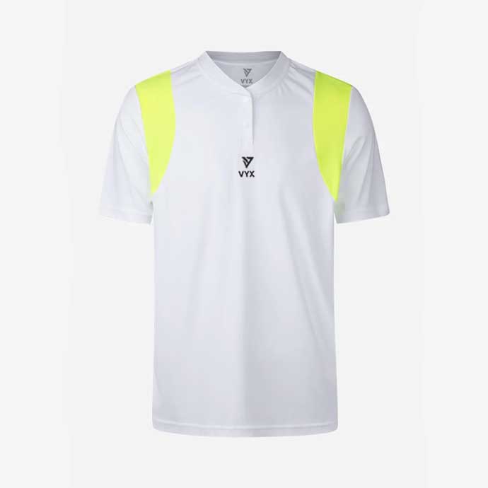 AcePro white tennis henley shirt front view with neon shoulder panels
