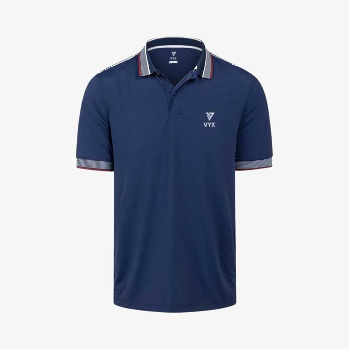 ClubEdge navy tennis polo shirt front view with contrast collar detail
