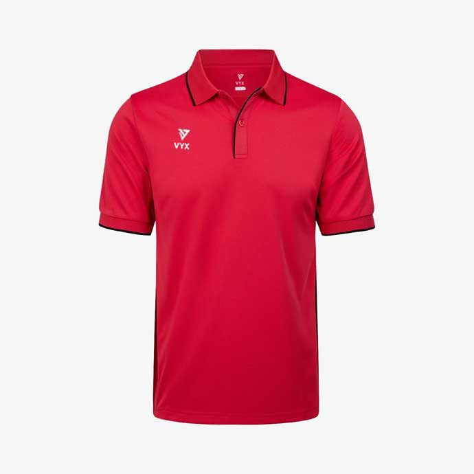 VersaCore red team polo shirt front view with black collar trim
