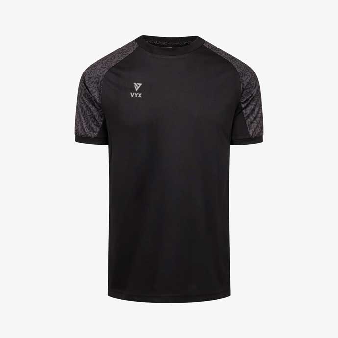 KeeperPro black goalkeeper training shirt front view with patterned sleeves