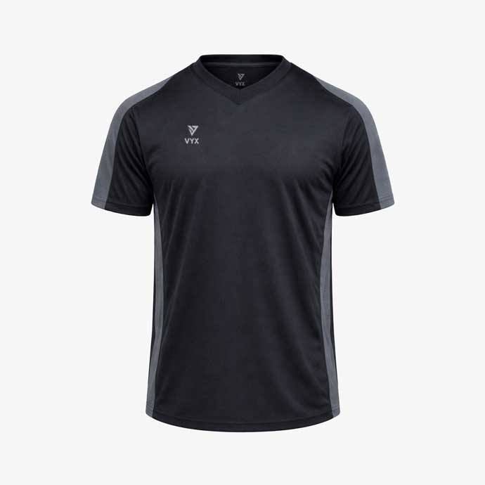 StrikeCore black performance V-neck training shirt front view teamwear