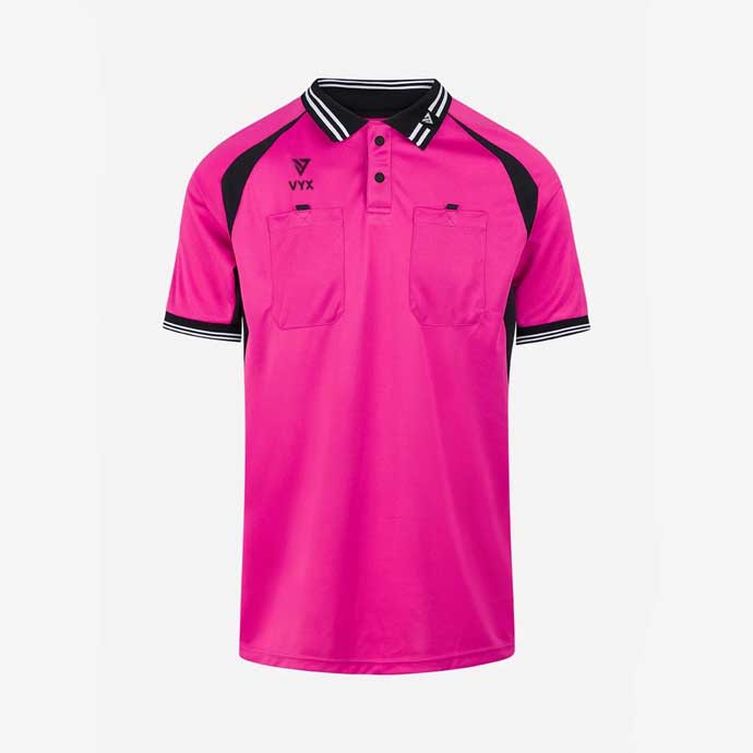 OfficialPro pink referee shirt front view with dual chest pockets