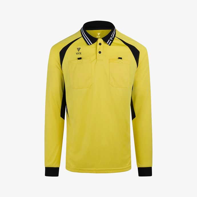 OfficialPro yellow long sleeve referee shirt front view with dual pockets