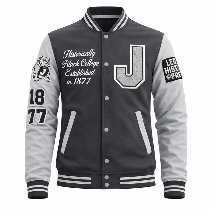 Signature Grey and White Varsity Jacket Front View