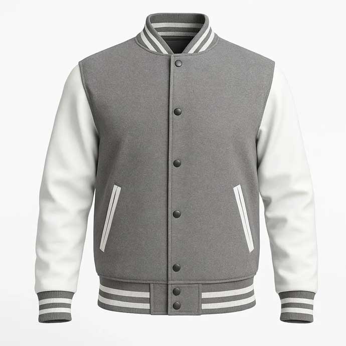 CampusPro Grey and White Varsity Jacket Front View