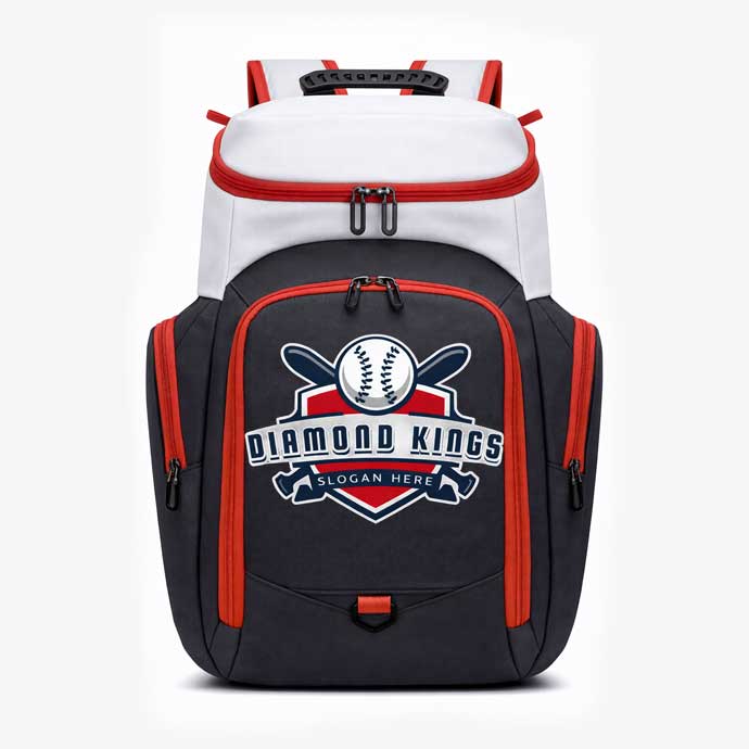 TeamStack custom baseball backpack in grey and red with Diamond Kings team logo front view