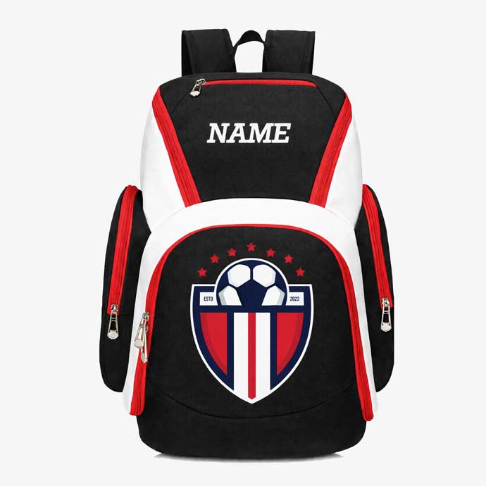 LockerPack custom soccer team backpack in black and red with personalized name and club logo front view