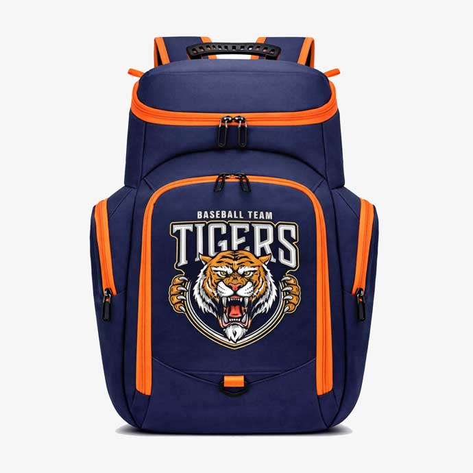 ActiveLoad custom baseball team backpack in navy blue and orange with Tigers logo front view