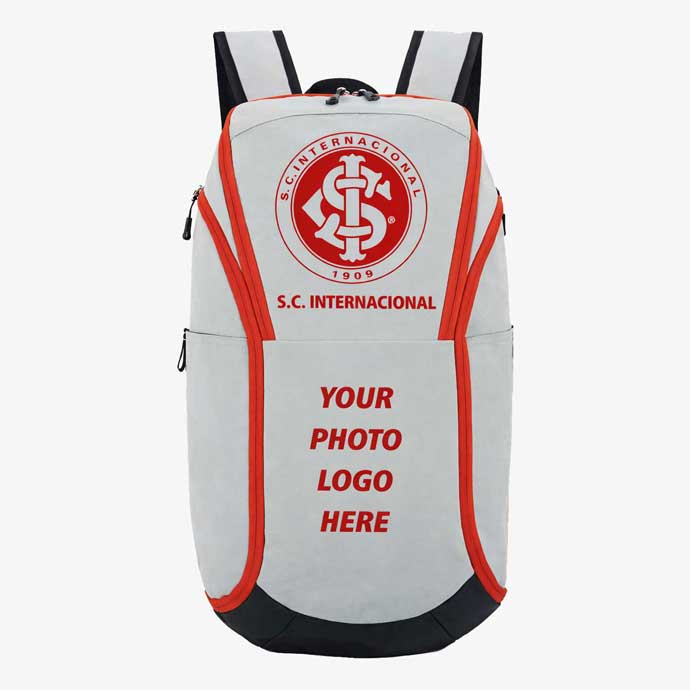 PackShift custom soccer team backpack in grey and red with personalized club logo front view