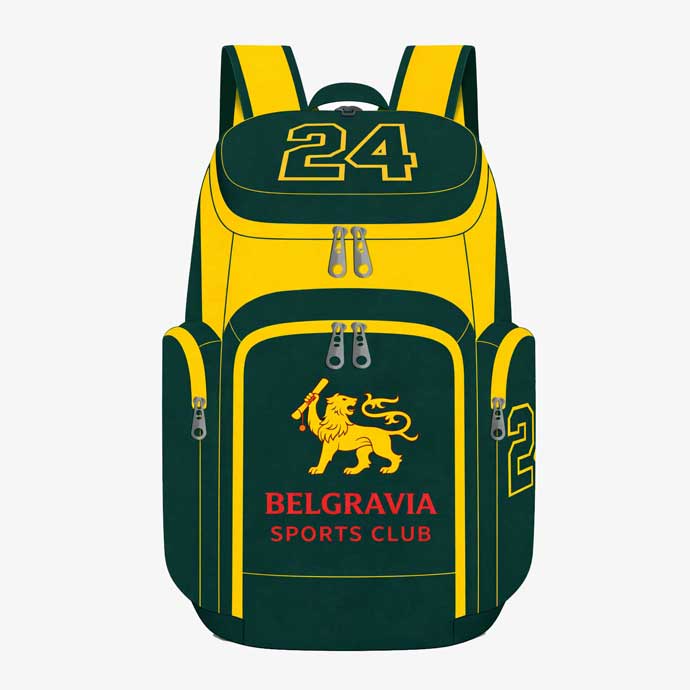 Loadout custom cricket team backpack in green and yellow with Belgravia Sports Club logo front view