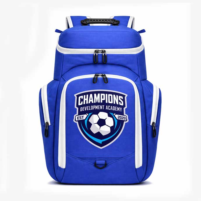 ElevateX custom soccer team backpack in royal blue and white with Champions Academy logo front view