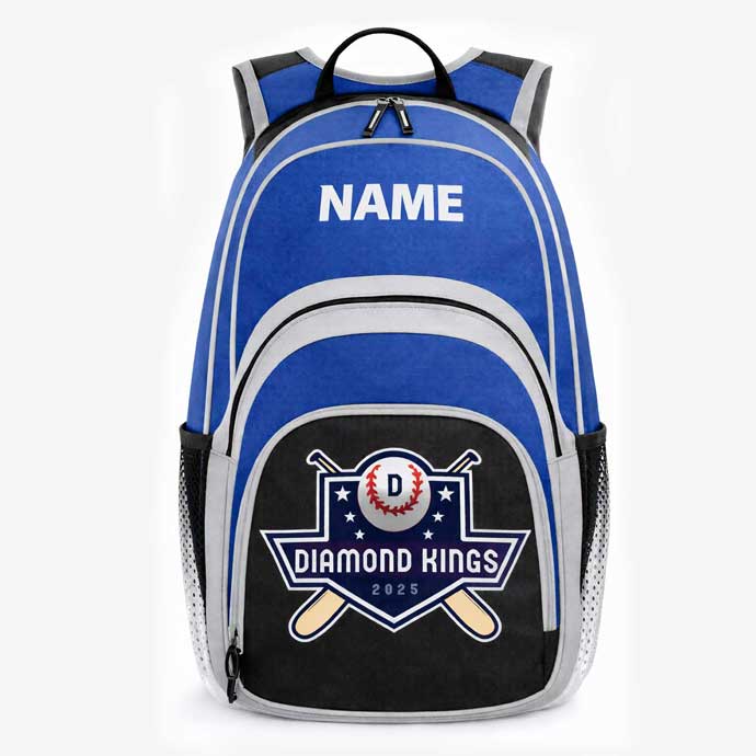 ClubVault custom baseball team backpack in blue and grey with Diamond Kings logo front view