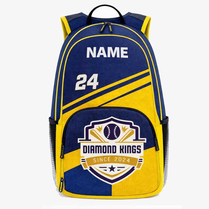 KitRunner custom baseball team backpack in blue and yellow with player name and number front view