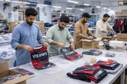 Packing finished sports uniforms for shipment