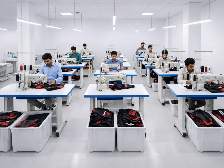 Professional sportswear stitching production line in a modern Pakistani garment factory.