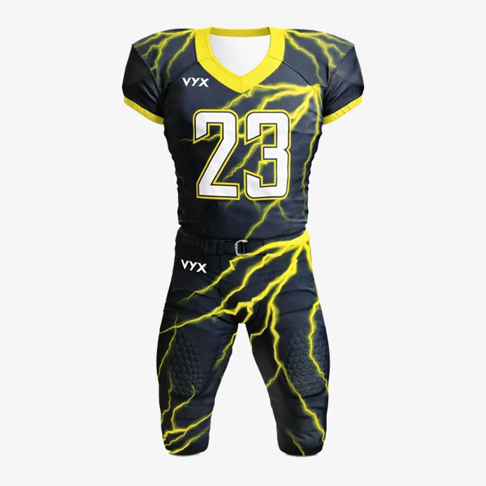RushForce American football uniform set front view black yellow lightning design padded jersey and pants
