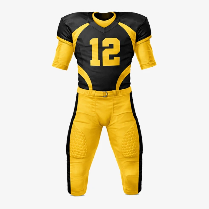CoreImpact American football uniform set front view black yellow padded jersey and pants