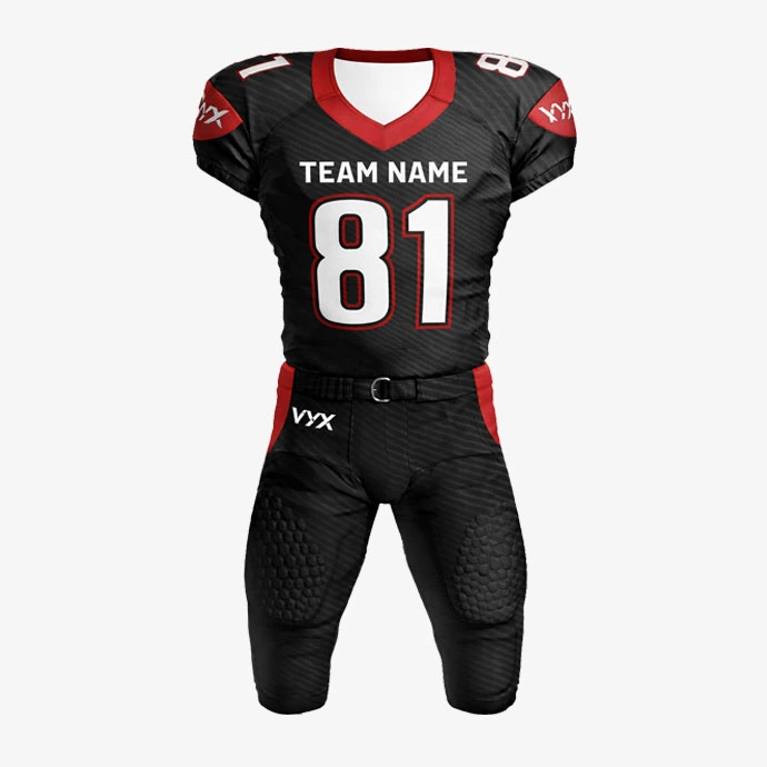 FieldPro American football uniform set front view black red padded jersey and pants