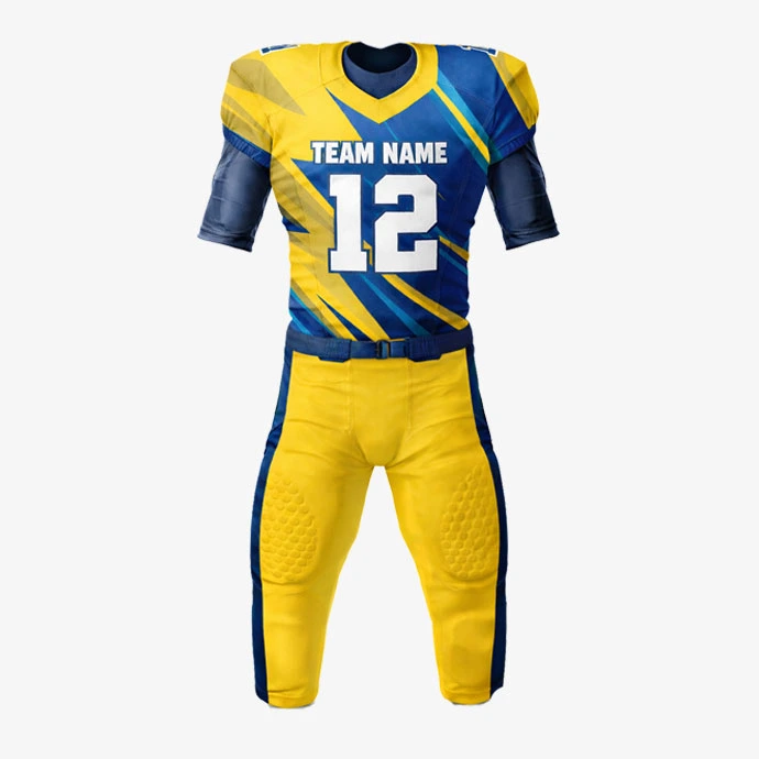 Endzone American football uniform set front view blue yellow padded jersey and pants